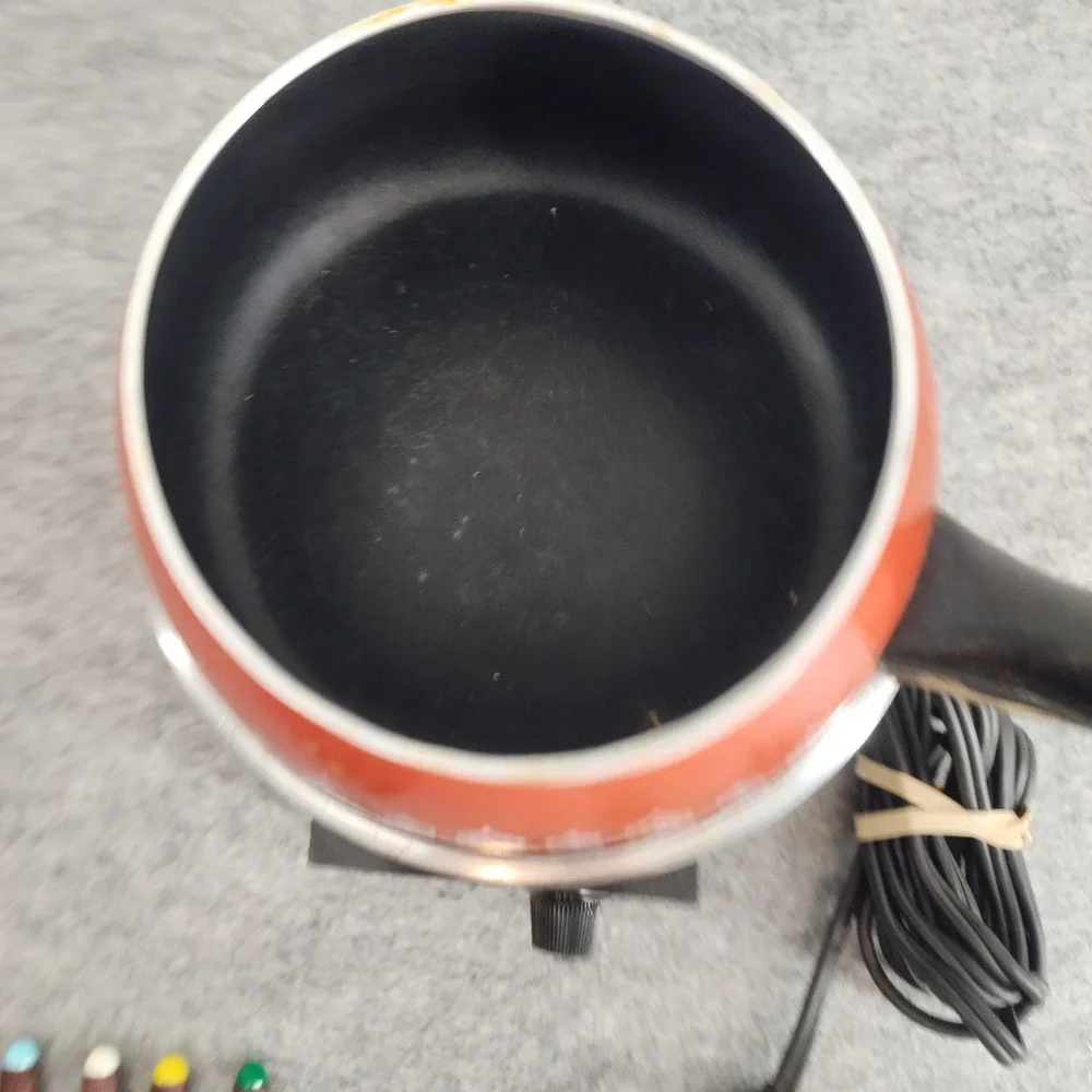 Oster Electric Fondue Pot Set Vintage MCM Red Orange 70s Retro Kitchen 6 Forks